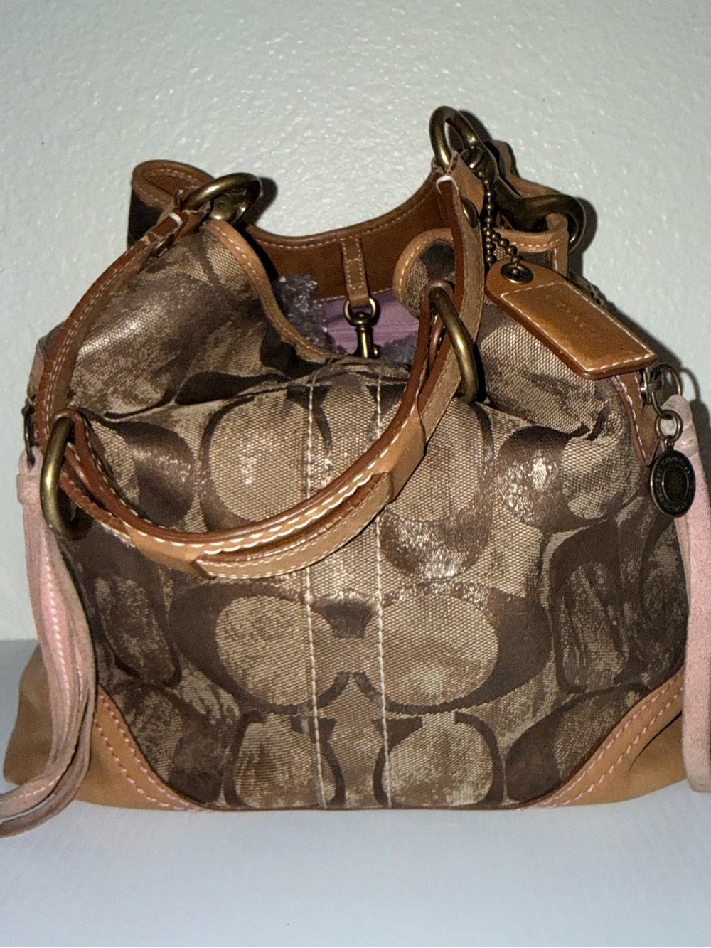 Vintage Coach Signature Canvas Hobo Bag with lavendar Accents